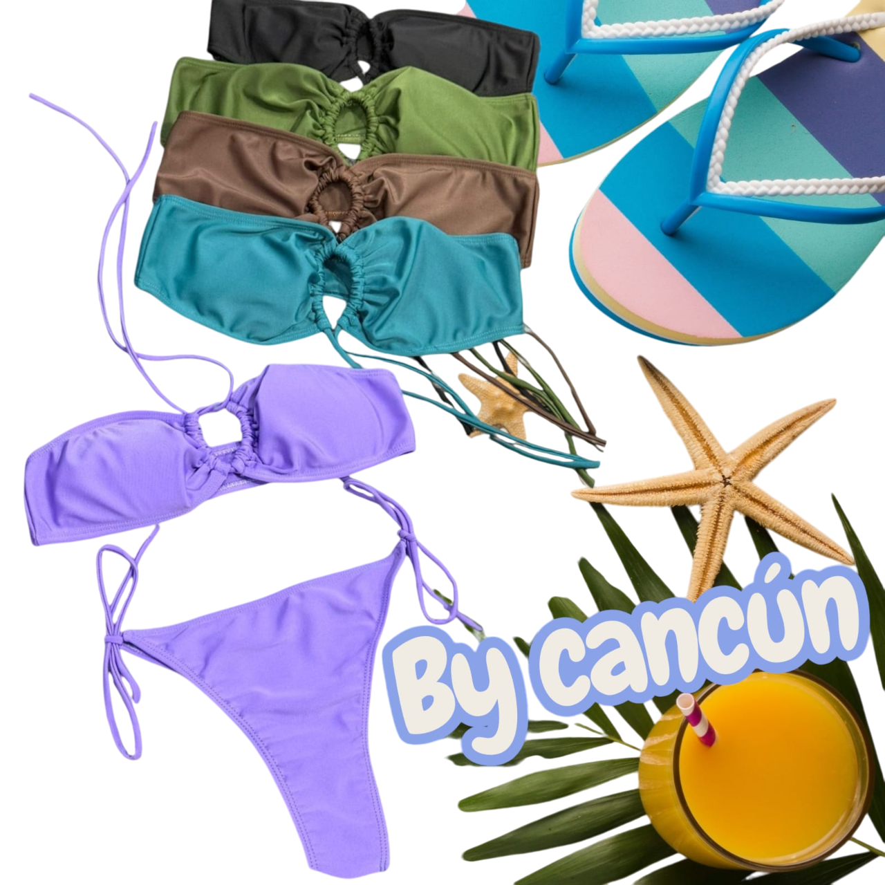 Trajes de baño, sandalias, estrellas de mar, bebida y hojas de palma con superposición de texto 