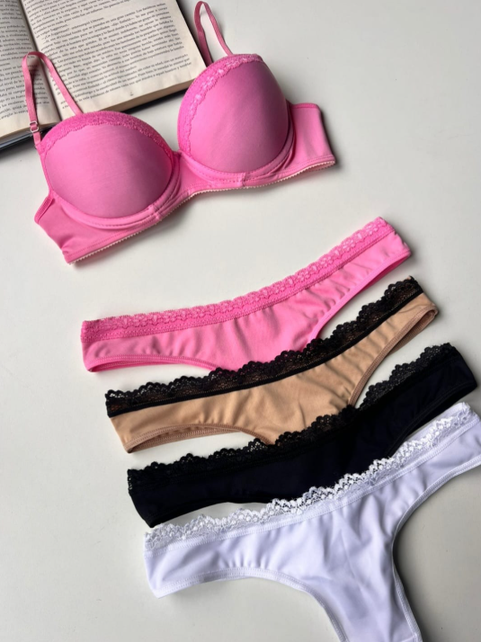 Sujetador rosa, tres tangas en rosa, tostado, negro y blanco; ribete de encaje. Libro abierto al fondo.