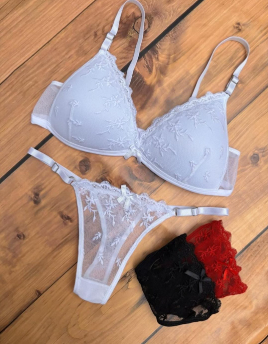 Sujetador y tanga de encaje blanco, con ropa interior de encaje negro y rojo, sobre superficie de madera.