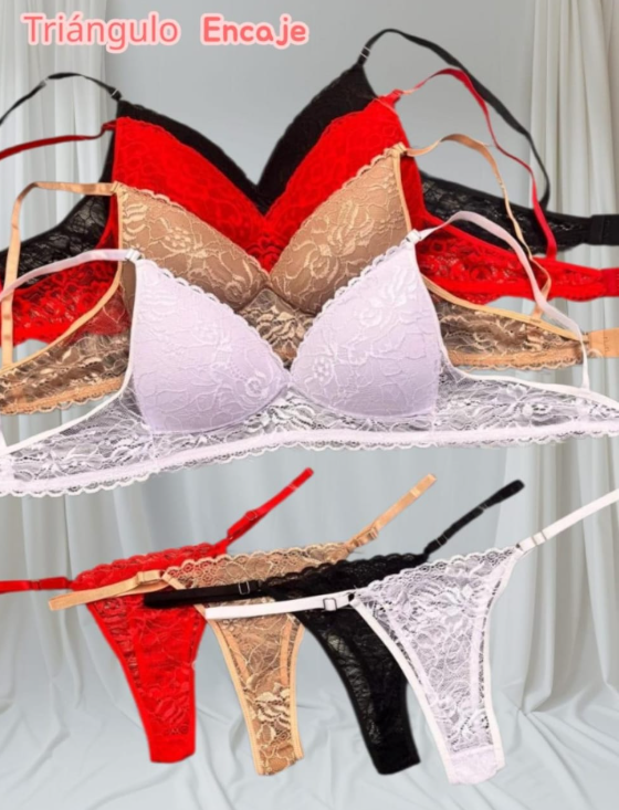 Sujetadores triangulares de encaje y ropa interior tipo tanga a juego en colores blanco, negro, rojo y tostado.