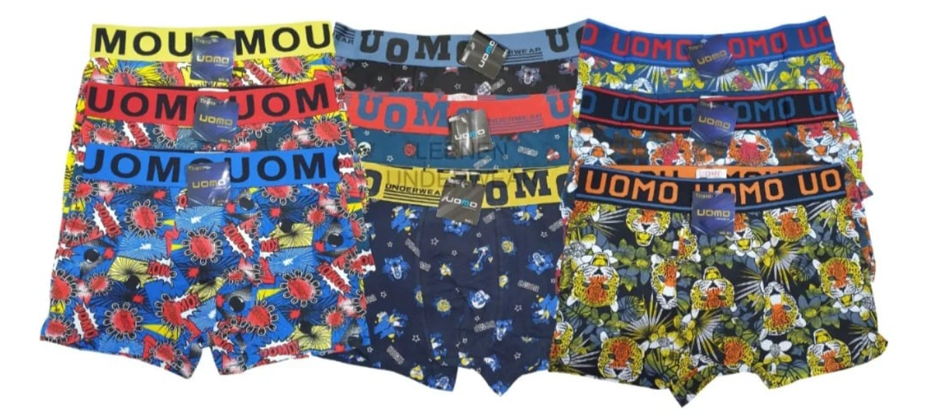 Pila de calzoncillos bóxer para hombre en varios colores y patrones, todos con la marca 