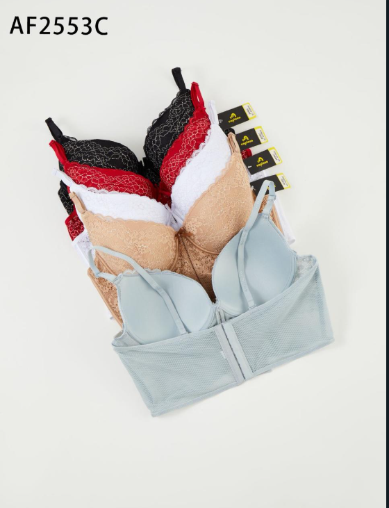 Pila de sujetadores en varios colores, incluidos negro, rojo, blanco, gris y beige.