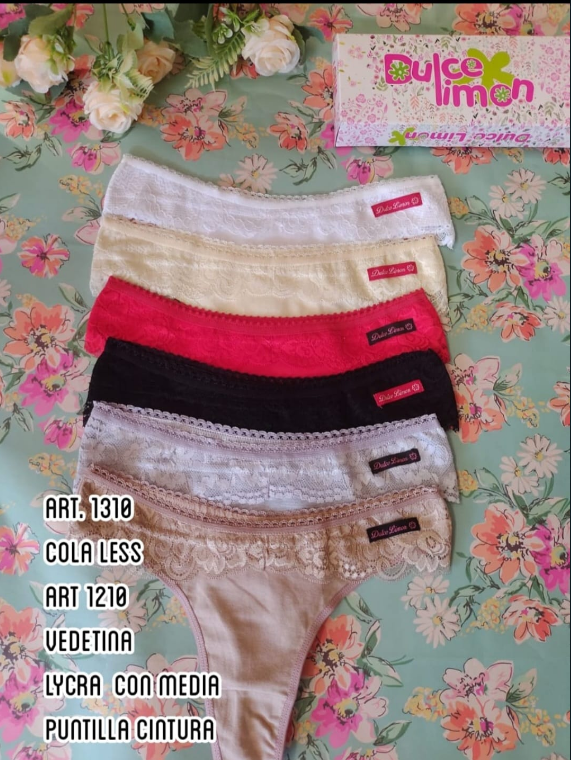 Cinco pares de ropa interior femenina en varios colores con ribete de encaje, expuestos sobre un fondo floral.