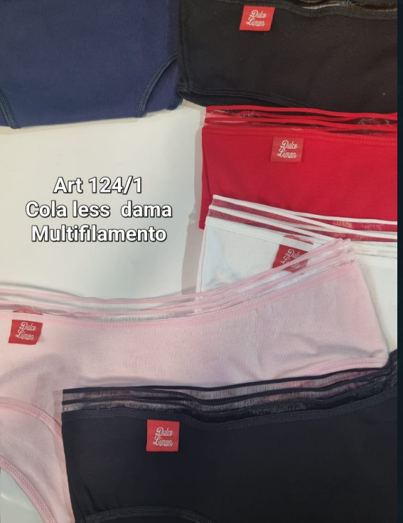 Montón de ropa interior femenina colorida. Art. 124/1, Gula less dana, multifilamento; colores: rosa, negro, rojo, blanco y azul marino.