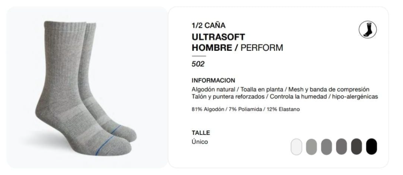 Calcetines grises de hombre con información del producto.