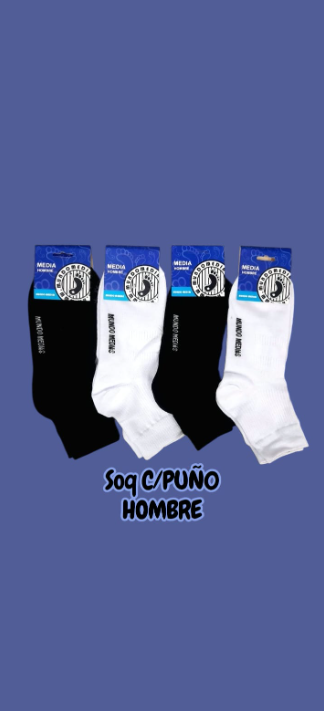 Cuatro pares de calcetines de hombre, blancos y negros, sobre fondo azul.