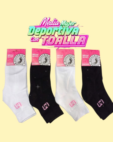 Cuatro pares de calcetines deportivos blancos y negros con base de toalla, etiquetados 