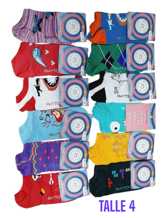 Calcetines invisibles surtidos de colores, talla 4, con varios estampados y empaques.