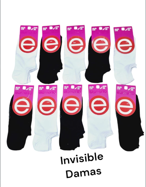 Diez pares de calcetines invisibles para mujer, en blanco y negro, cada uno de ellos con un logotipo rosa y blanco.