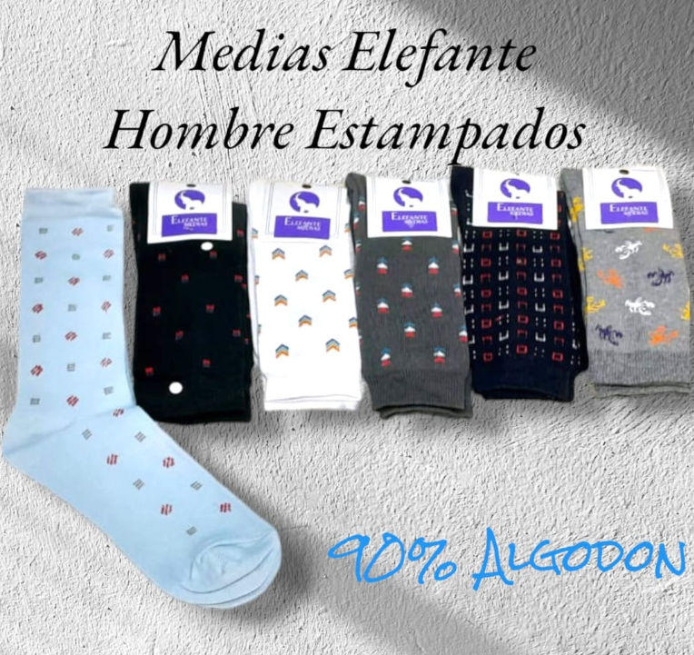 Seis pares de calcetines estampados para hombre. Colores: azul, negro, blanco, gris y azul marino. 90 % algodón.