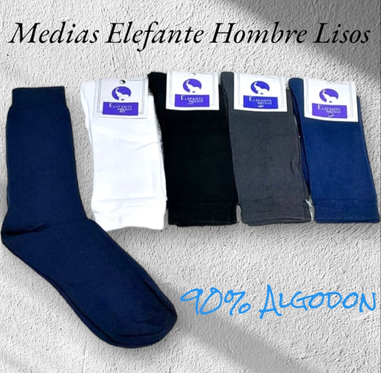 Cinco pares de calcetines Elefante lisos para hombre en azul marino, blanco, negro, gris y azul. 90% algodón.