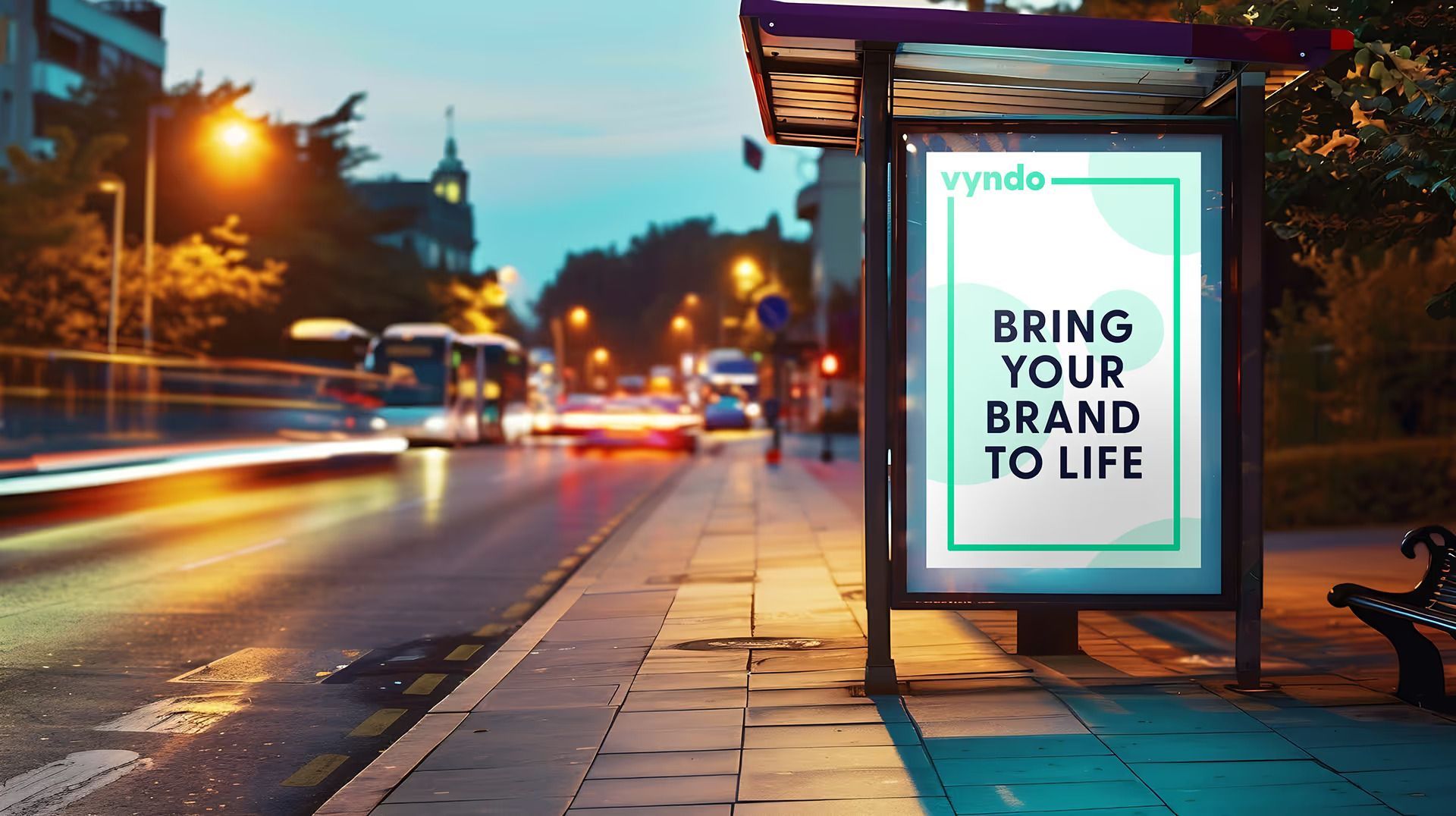 A bus stop with a sign saying "Bring your brand to life".