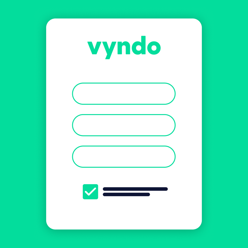 A white sheet of paper with the word "Vyndo" on it is placed on a green background.