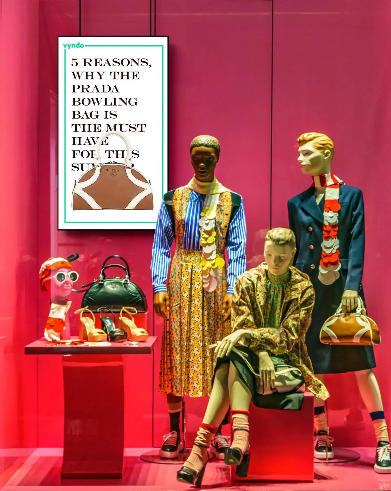 A group of mannequins stand next to each other in a shop window.