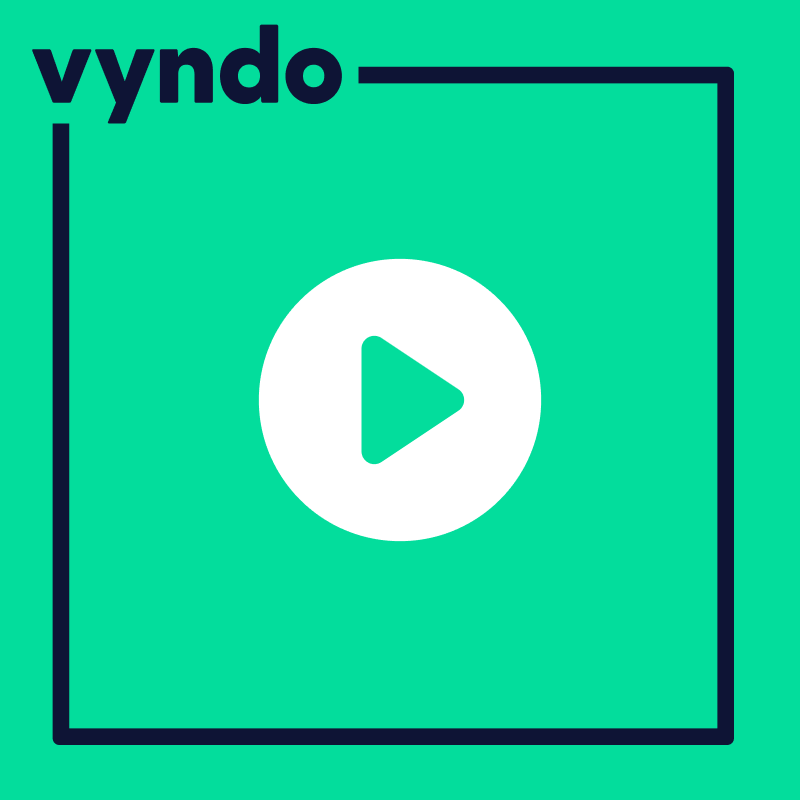 A logo for vyndo with a play button in the center