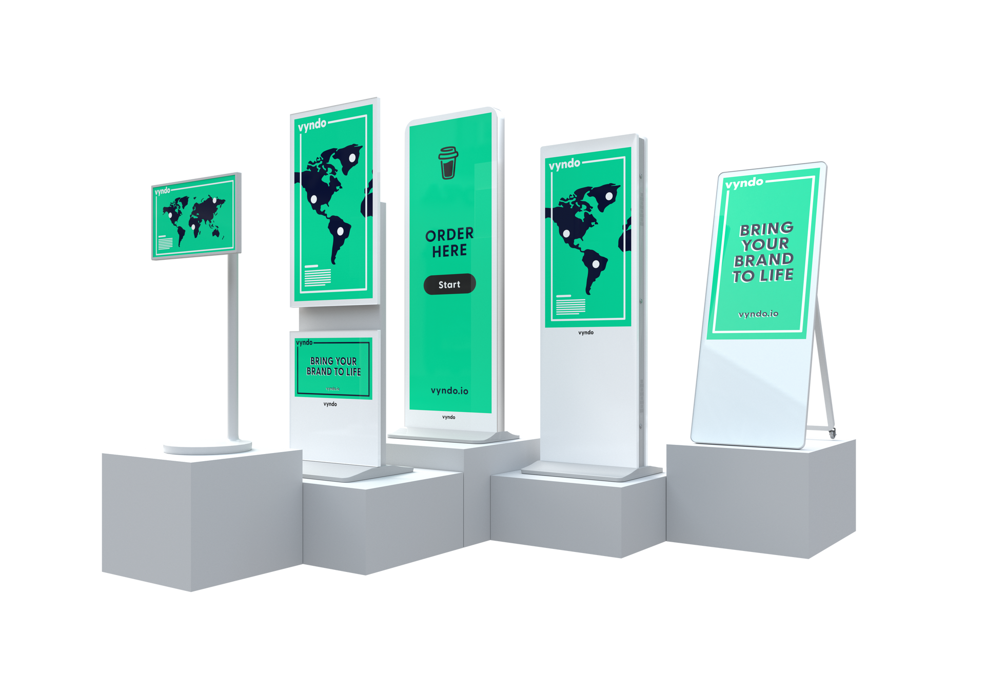 A group of kiosks standing on top of each other on a white background.