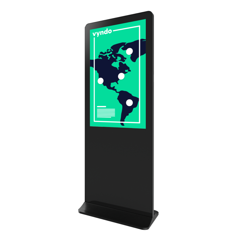 A digital sign with a world map on it.