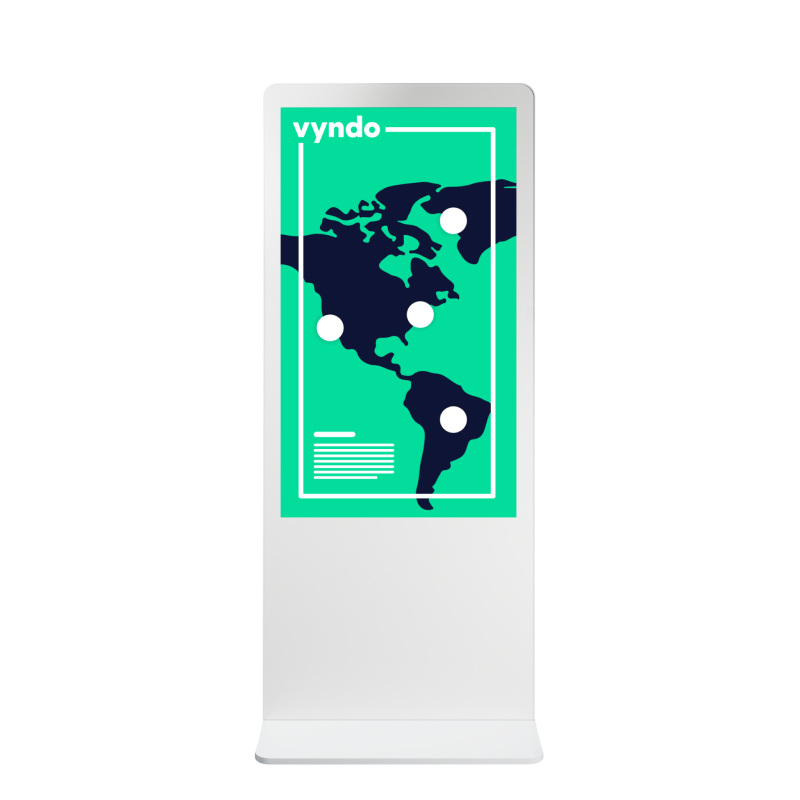 A digital sign with a world map on it.