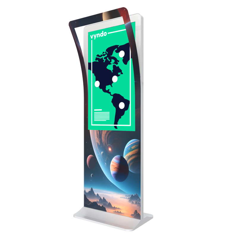 A kiosk with a world map and planets on it.