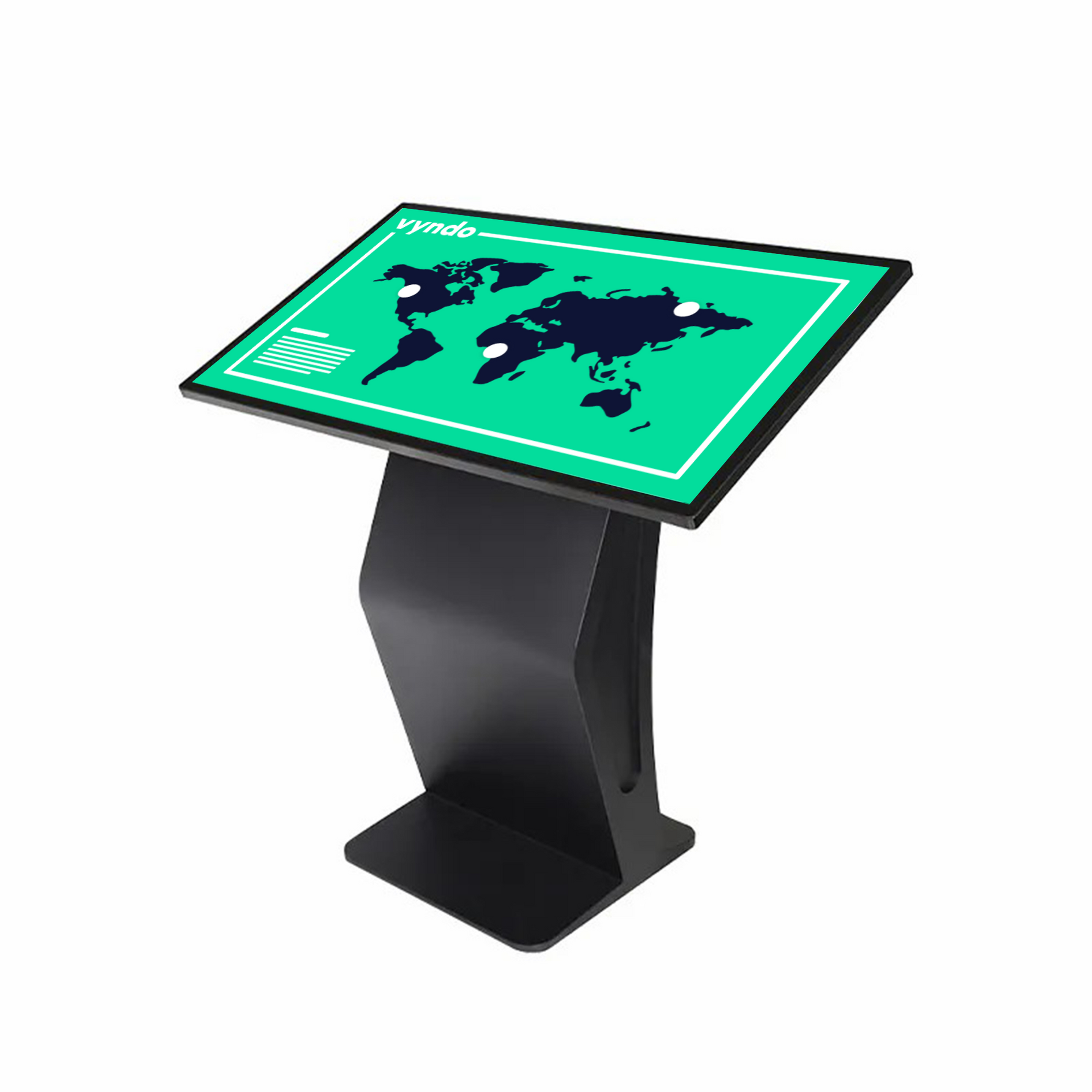 A touchscreen kiosk with a world map on it.