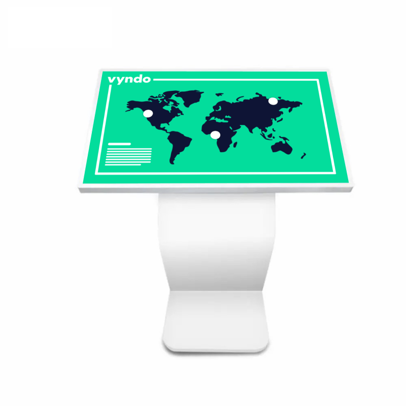 A touchscreen kiosk with a world map on it.