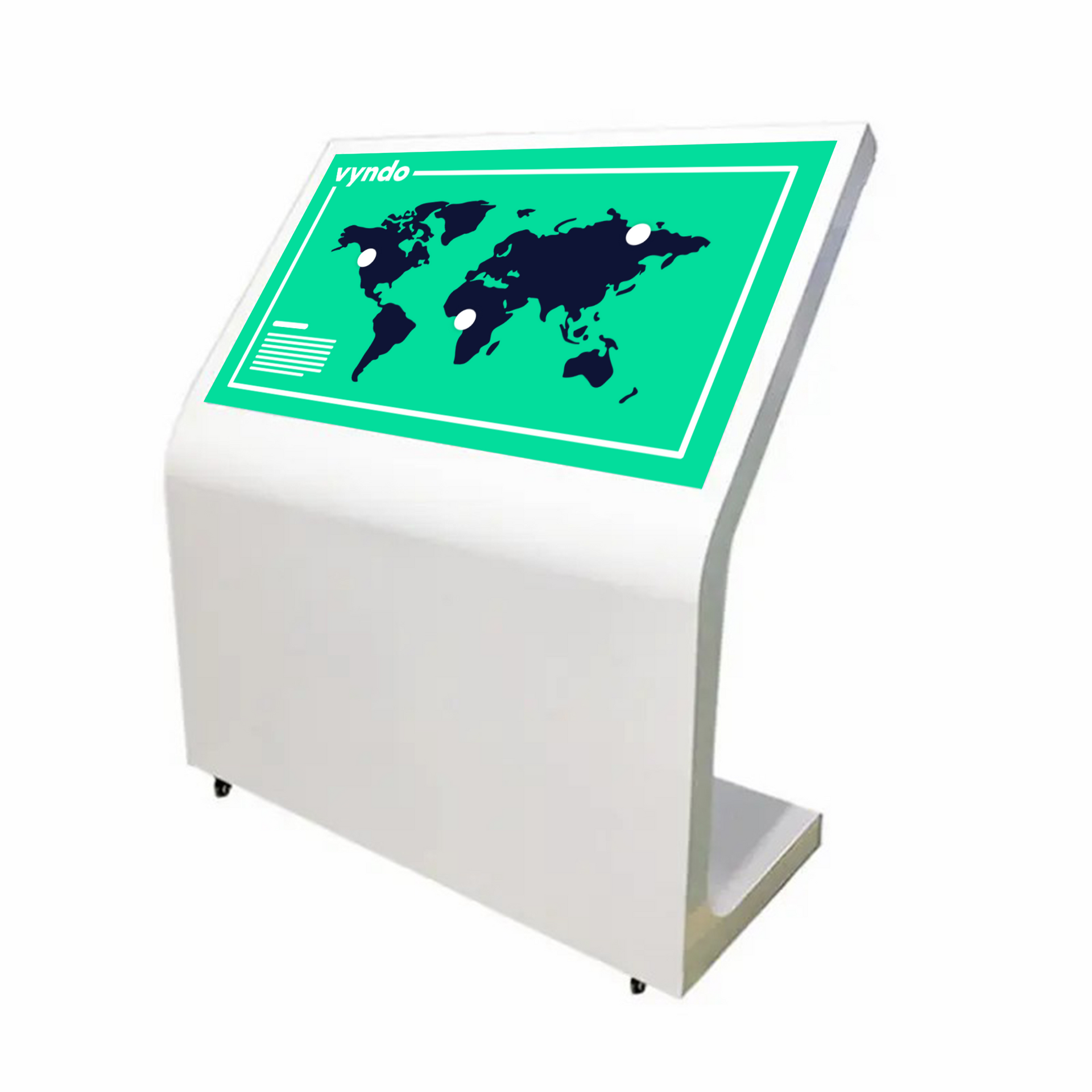 A white kiosk with a world map on it.
