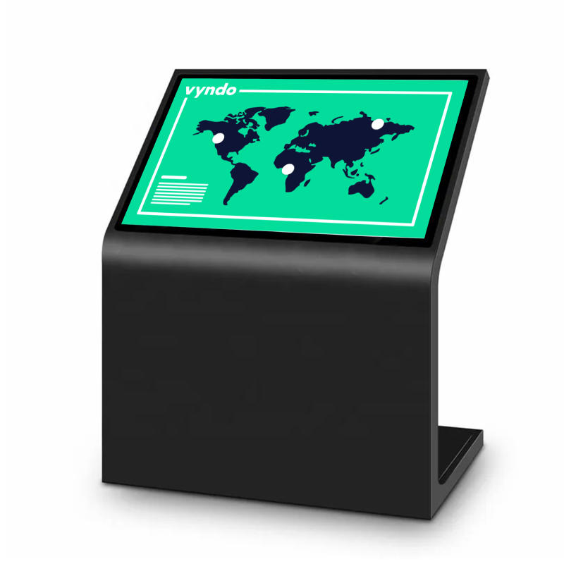A white kiosk with a world map on it.