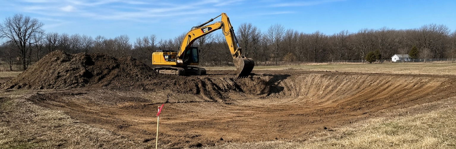 Yellow excavator working on a dirt lot under a clear sky