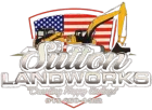 Sutton Landworks logo with American flag, excavator, and red-yellow construction equipment illustration