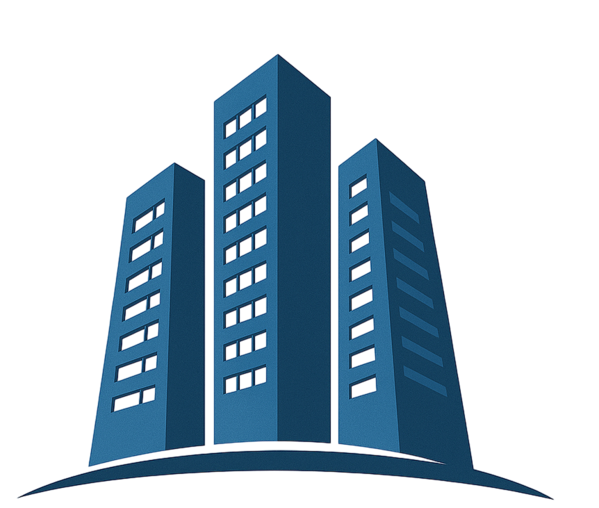 Tres rascacielos azules sobre una base curva, que sugieren un paisaje urbano.