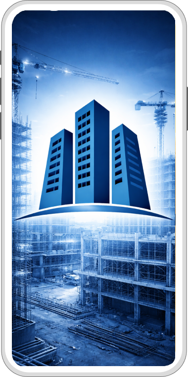 Obra en tonos azules. El logo de un rascacielos flota sobre edificios inacabados.