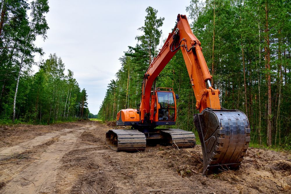 An orange excavator sits on a dirt path cleared through a forest  Jim Anderson Earthmoving Pty Ltd in Coopernook, NSW