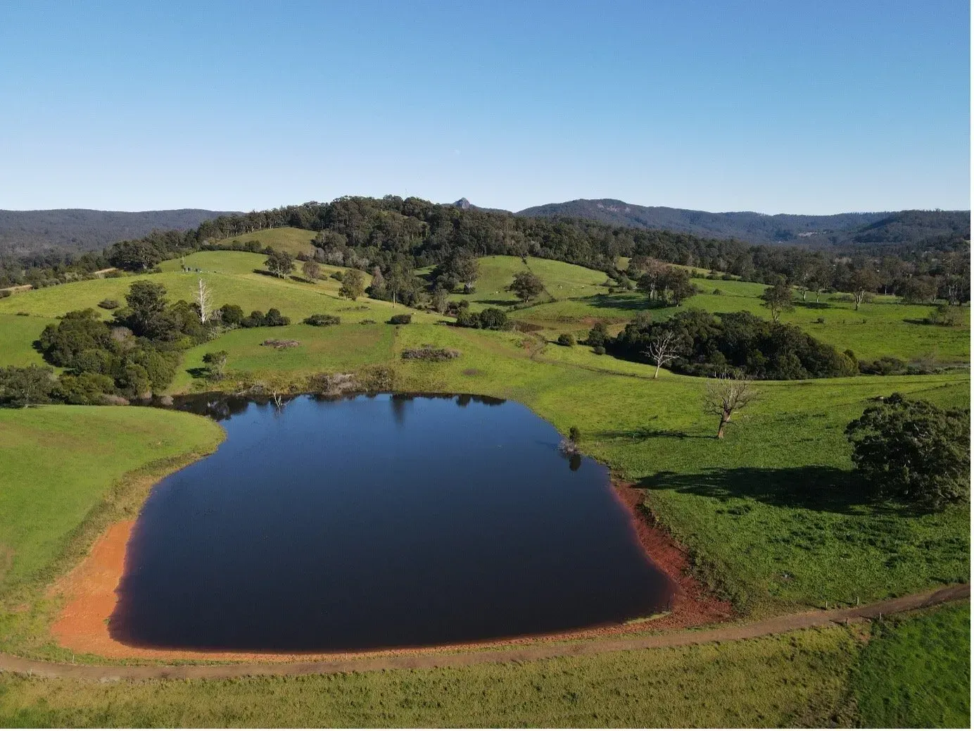 A Pond on A Grassy Hill with A Treeline and Mountains — Jim Anderson Earthmoving Pty Ltd in Coopernook, NSW