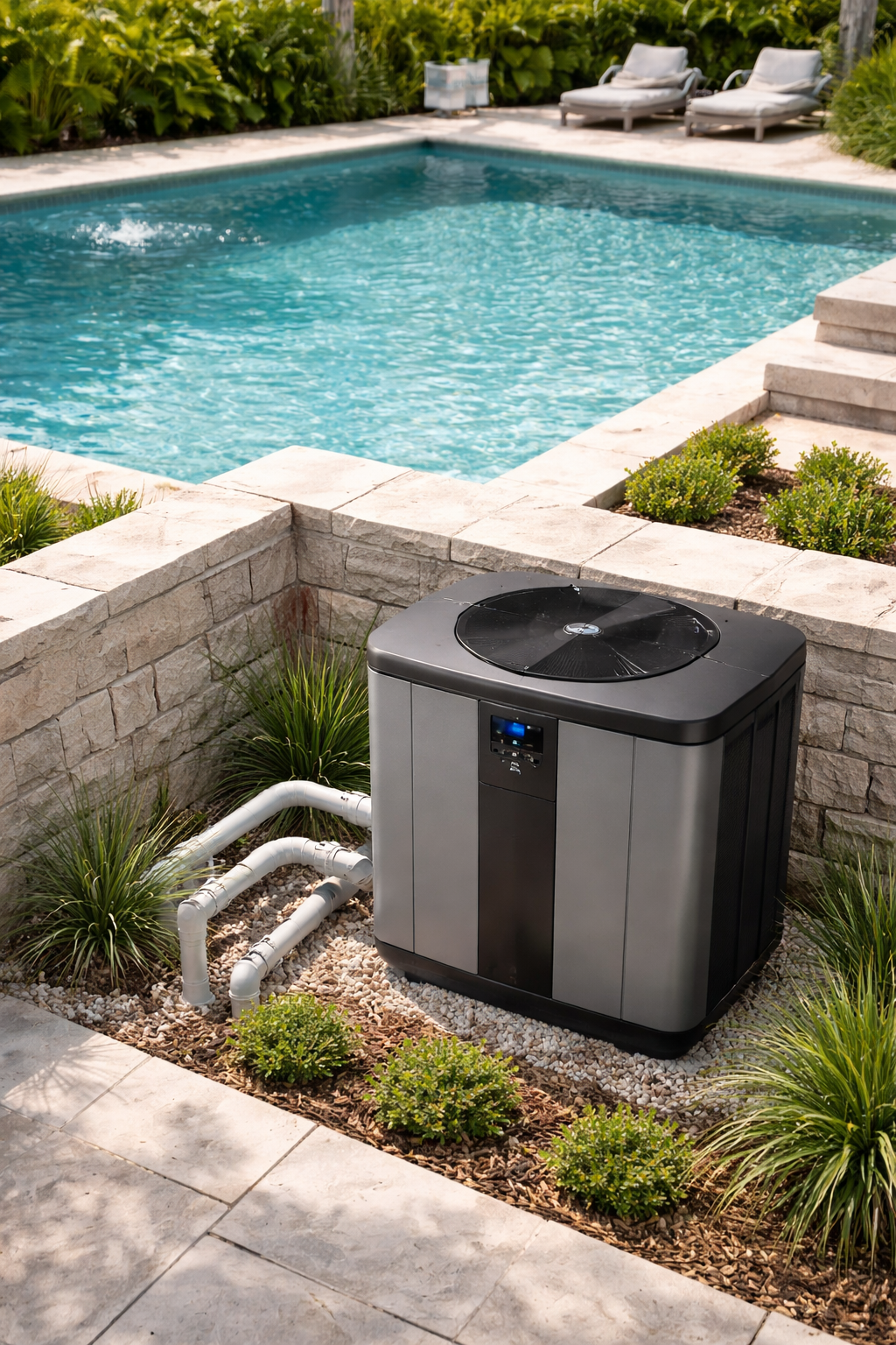 Pool heat pump next to a pool. Gray unit with white pipes and a blue display.