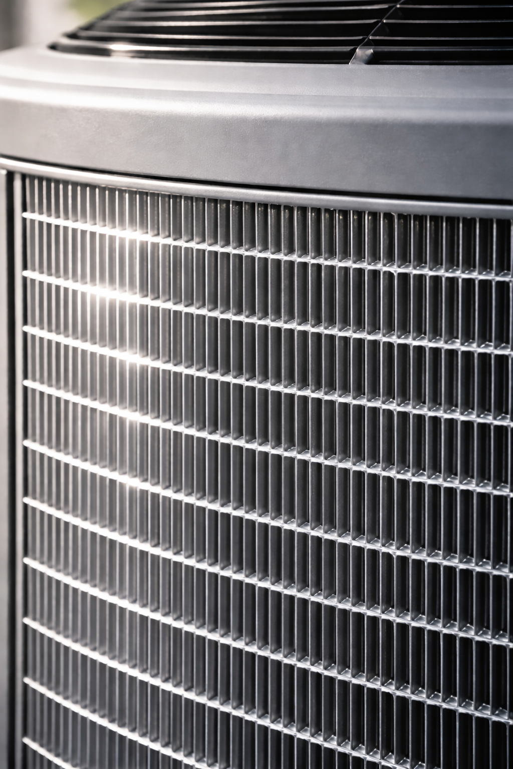 Close-up of a gray air conditioning unit with metal grill and fan on top.