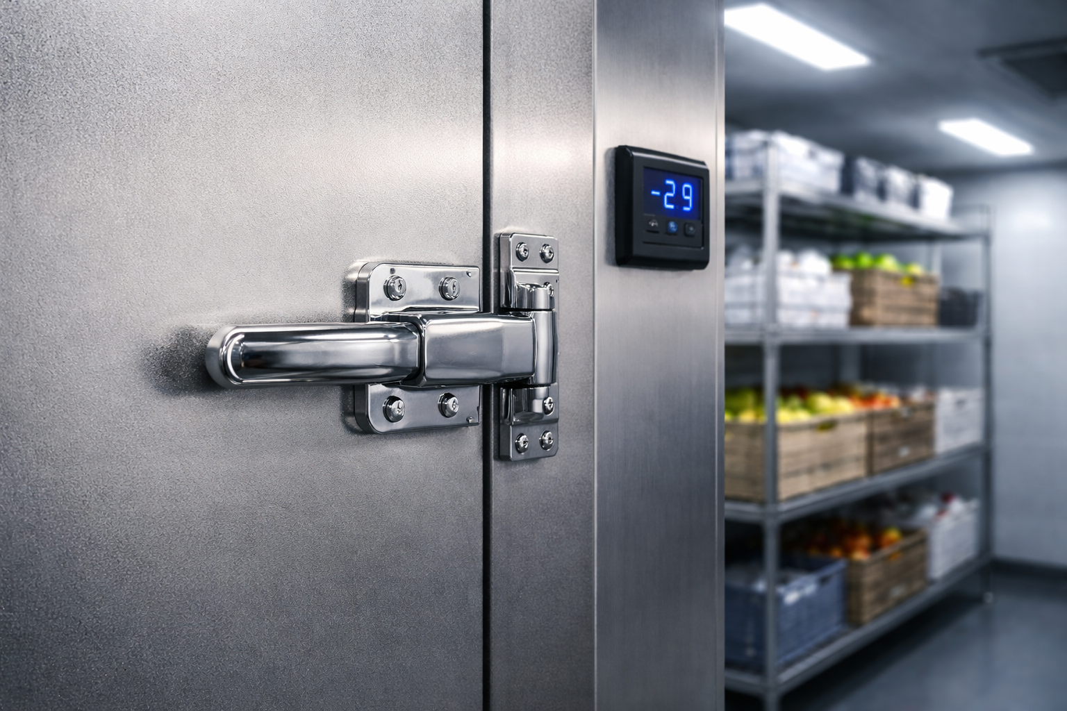 Walk-in freezer with a temperature display showing -23 degrees. Shelves stocked with food are visible inside.