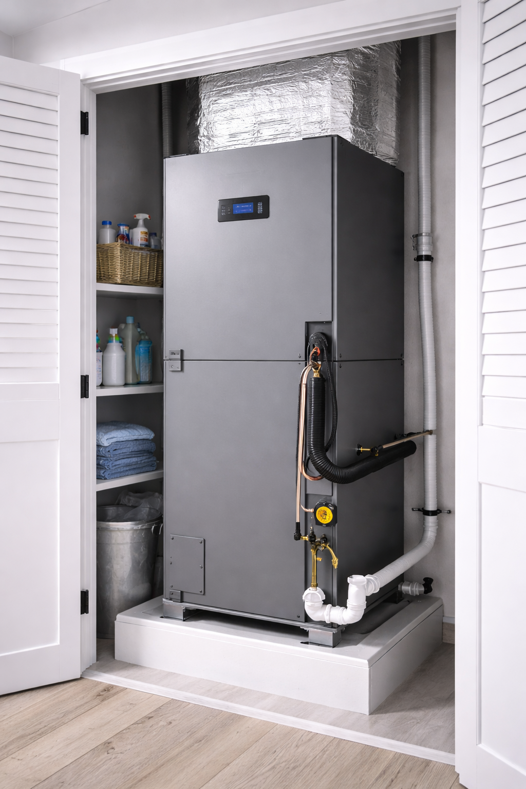 HVAC unit in a closet with white doors, surrounded by household items. Gray metallic unit on a raised platform.