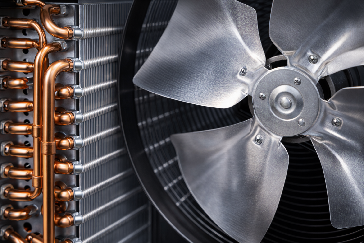 Copper tubing and fan of an air conditioner.