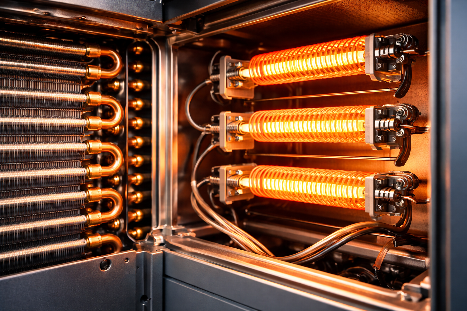 Interior view of a metallic device with three glowing, orange heating elements and copper tubing.