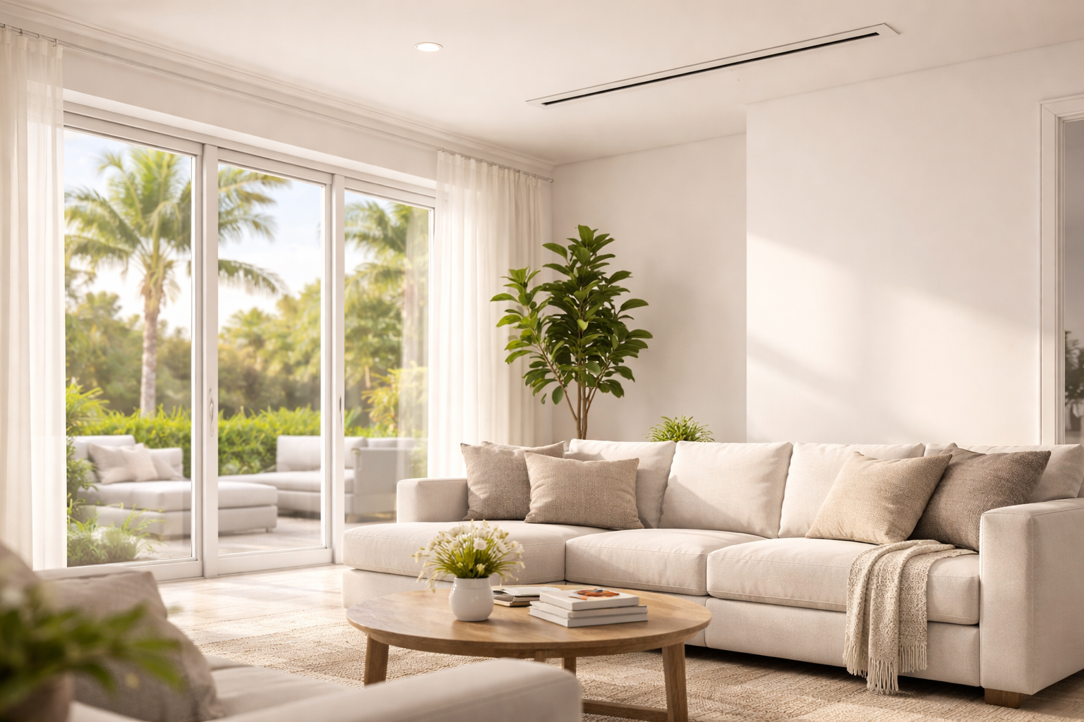 Bright living room with a cream sectional sofa, round wood coffee table, and large sliding doors opening to a patio.