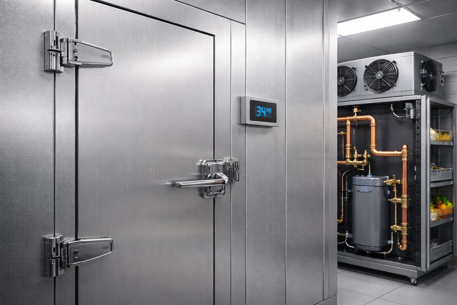 Walk-in refrigerator with a metal door, hardware, and digital temperature display. The refrigeration unit is visible.