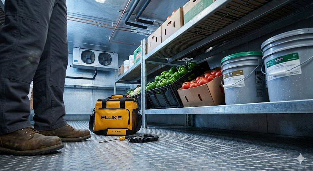 Person in work boots stands in a refrigerated truck; shelves hold produce and buckets, a tool bag sits on the floor.