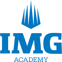 Blue IMG Academy logo with a crown-like emblem above the text.