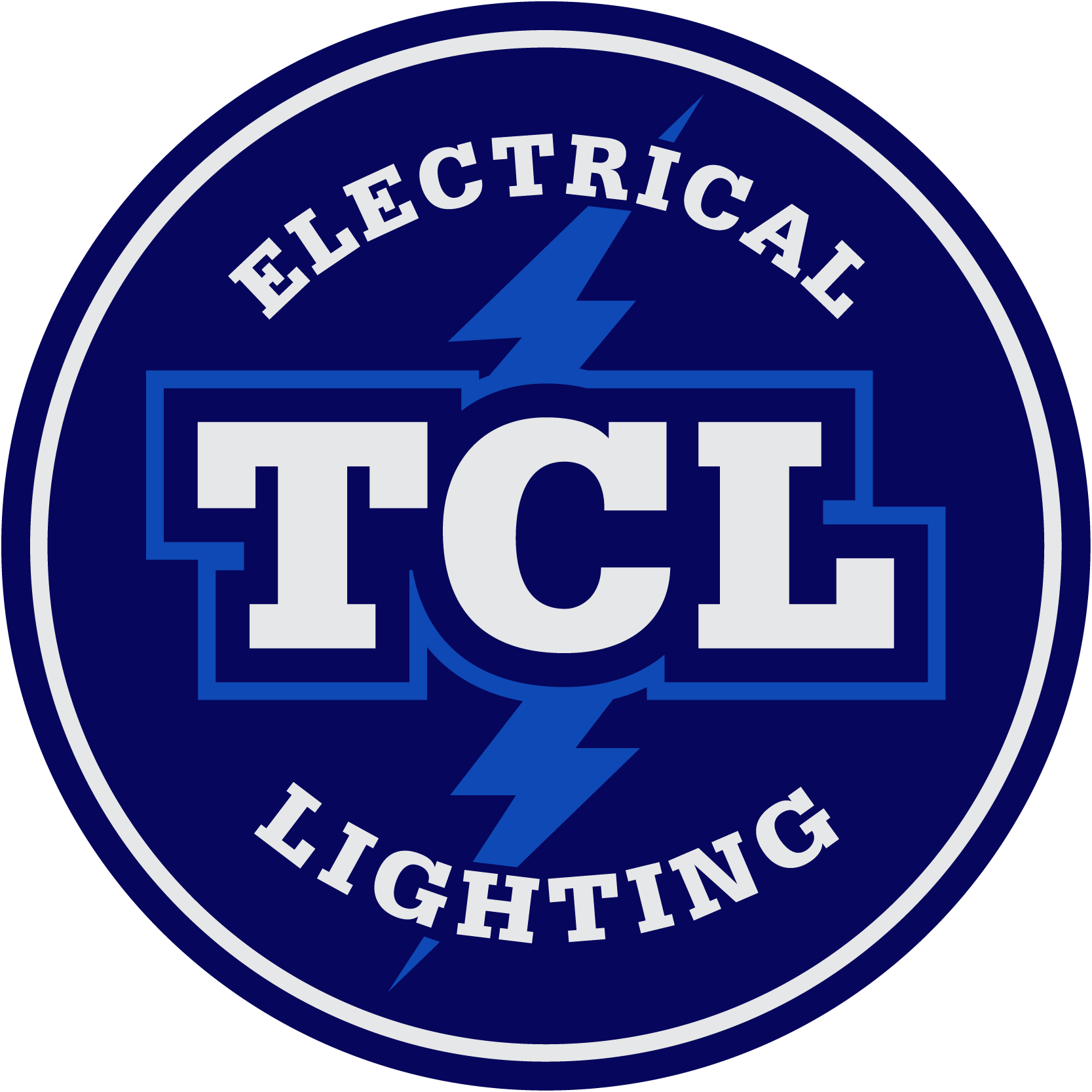 Circular logo: "TCL Electrical Lighting" in white text, lightning bolts, on a blue background.