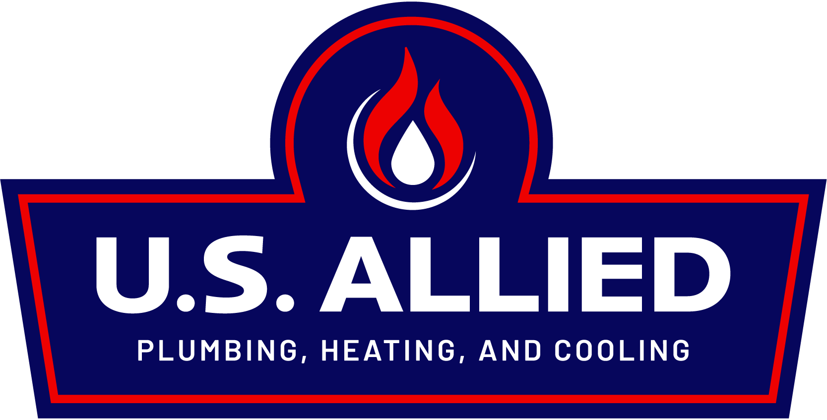 Logo for U.S. Allied: blue and red, with a flame icon and the text "U.S. ALLIED, Plumbing, Heating, and Cooling."