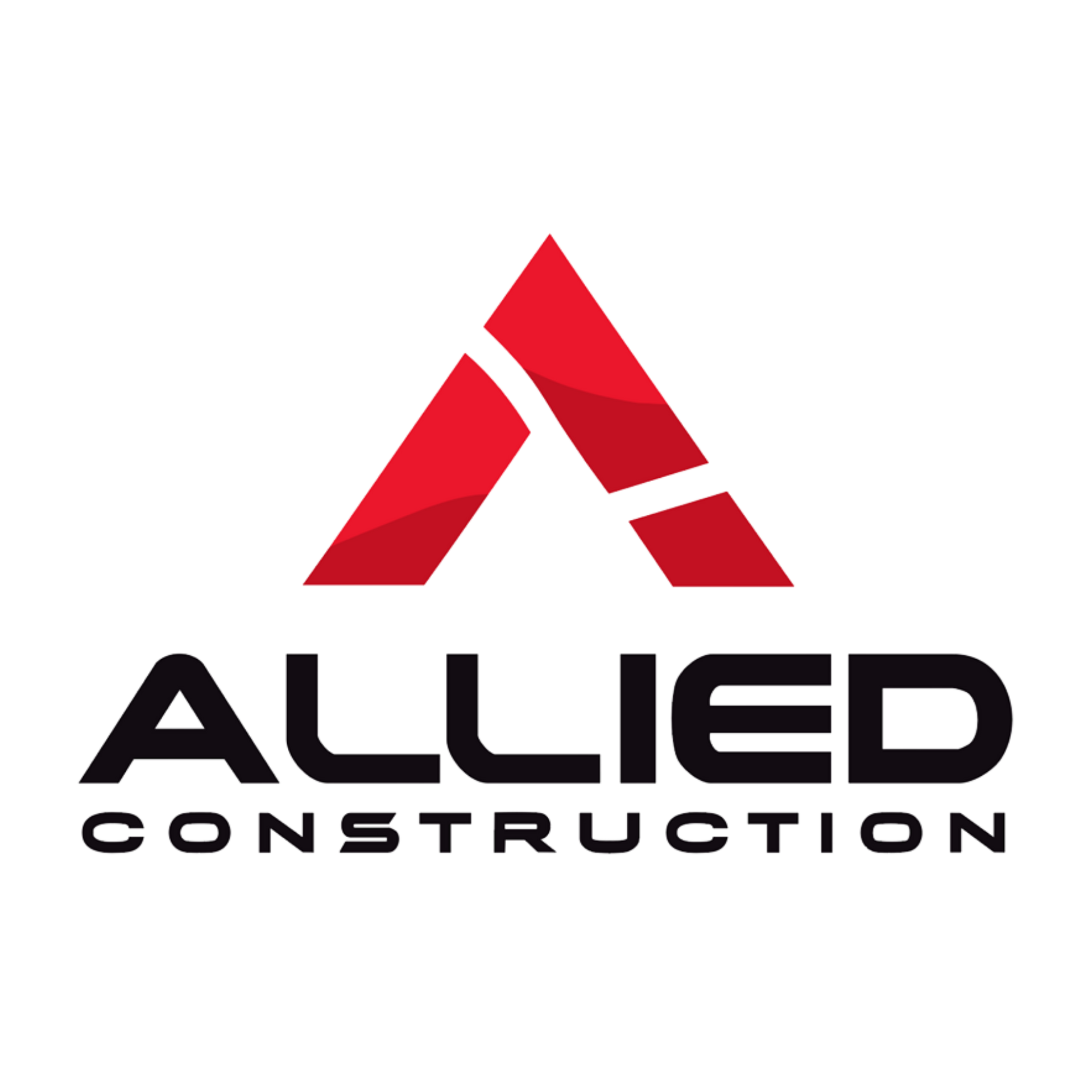 Logo of Allied Construction: red and blue triangle above navy text. Red "CONSTRUCTION" below.