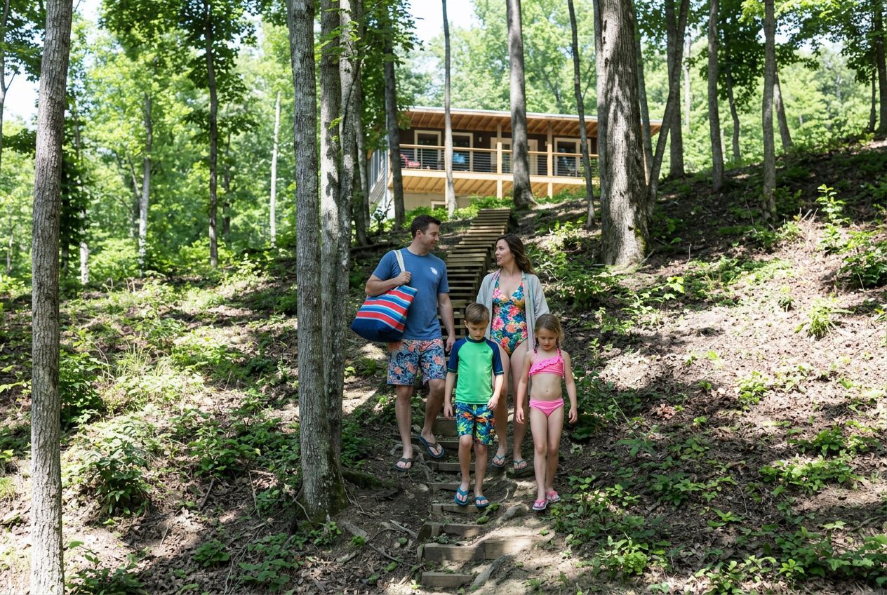 Blue Haven Paradise Family with backpacks walking down a forest trail toward a cabin in the woods