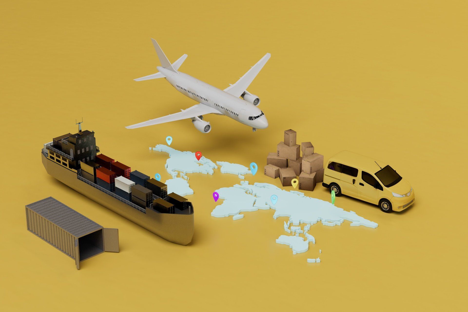 Foto entrega de paquetes en todo el mundo en coche por avión en un contenedor en un barco 3d