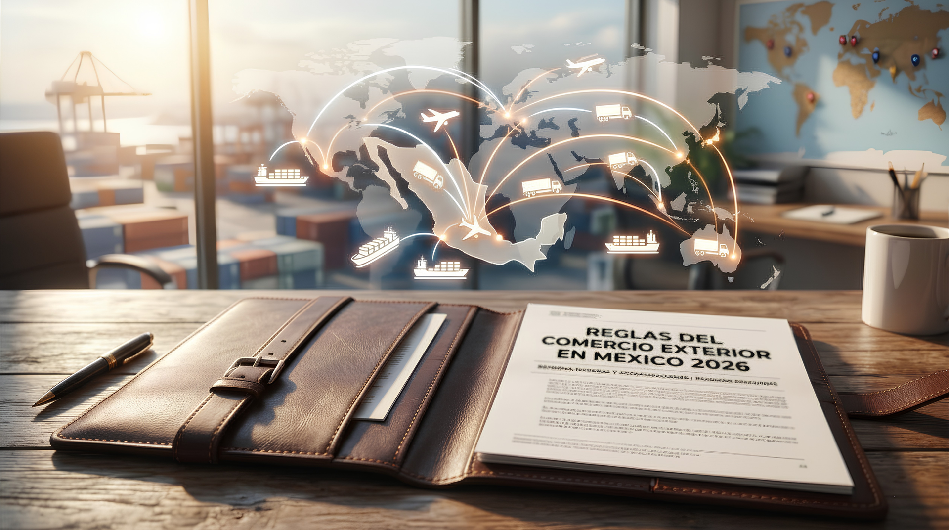 Comercio exterior en México Documento sobre el comercio exterior en México 2026 junto a rutas logísticas globales.