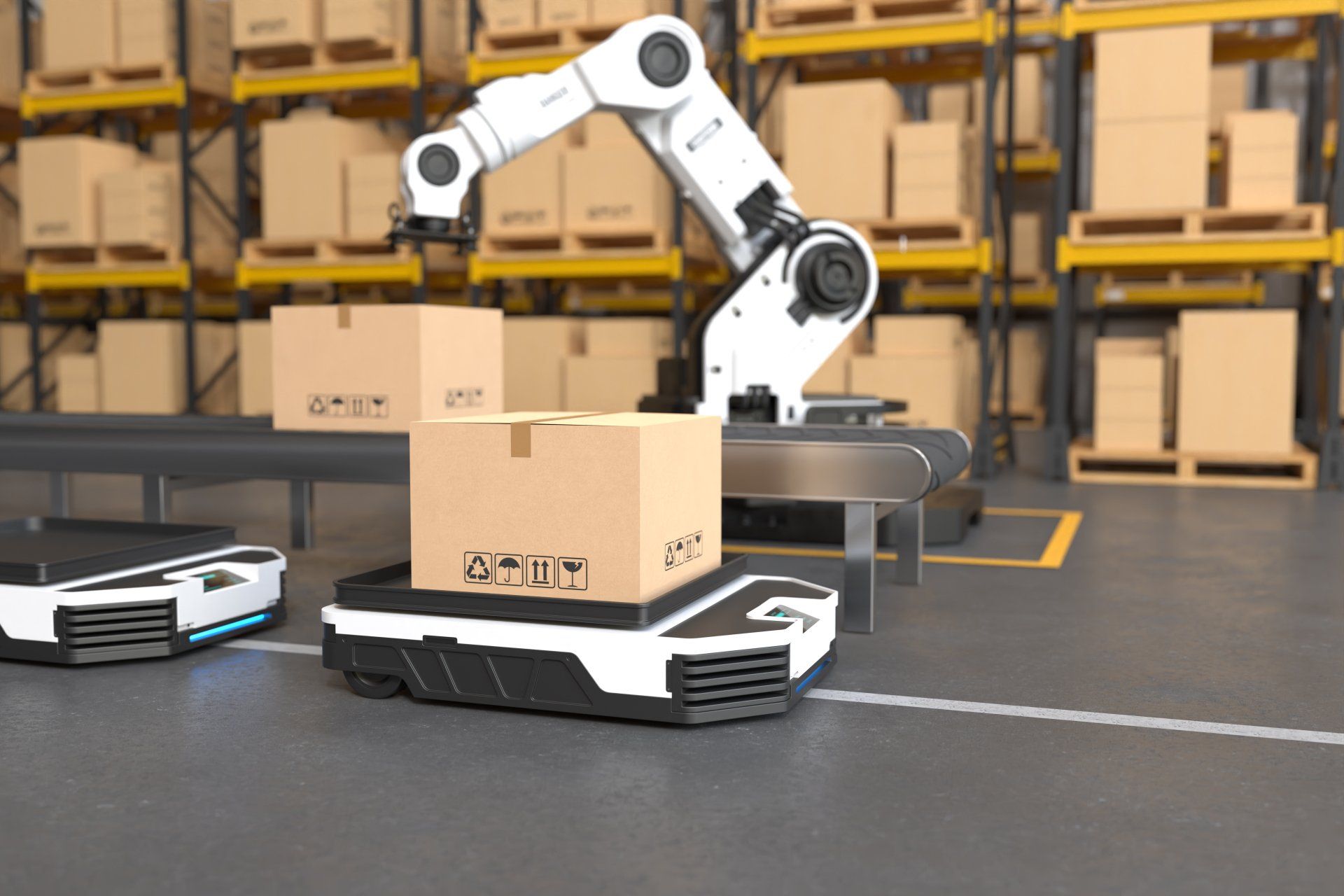 El brazo del robot recoge la caja a autonomous